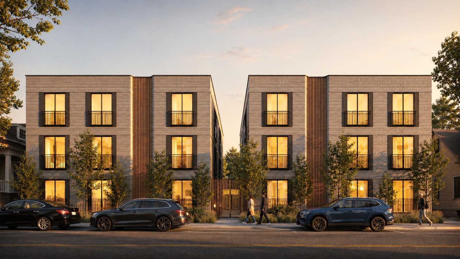 Dusk exterior render of the 83rd Avenue Montavilla two-building residential development, showing two three-story buildings with tan brick, wood-slat accents, and street-level landscaping.
