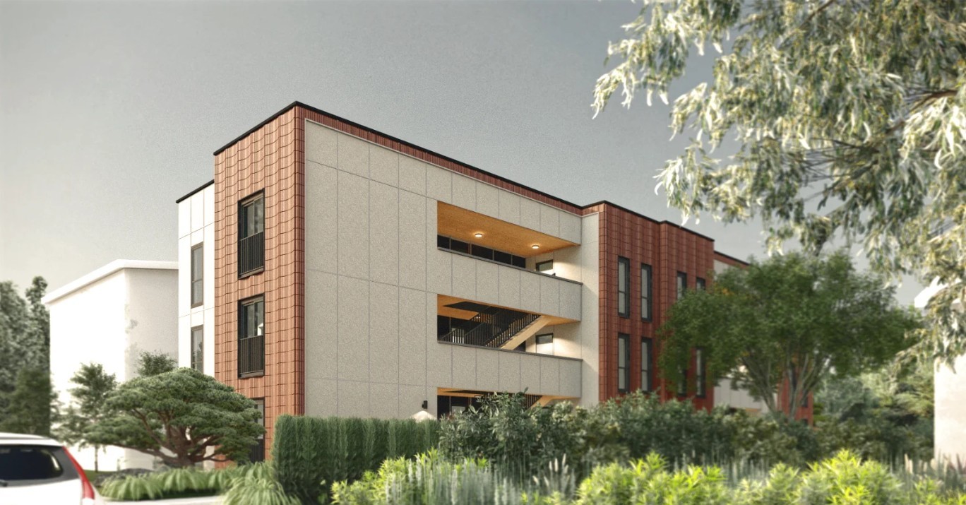 Exterior render of the 92nd Avenue apartment building, a three-story multifamily building with red tile and light stucco cladding, open-air stair circulation, and landscaped street frontage.