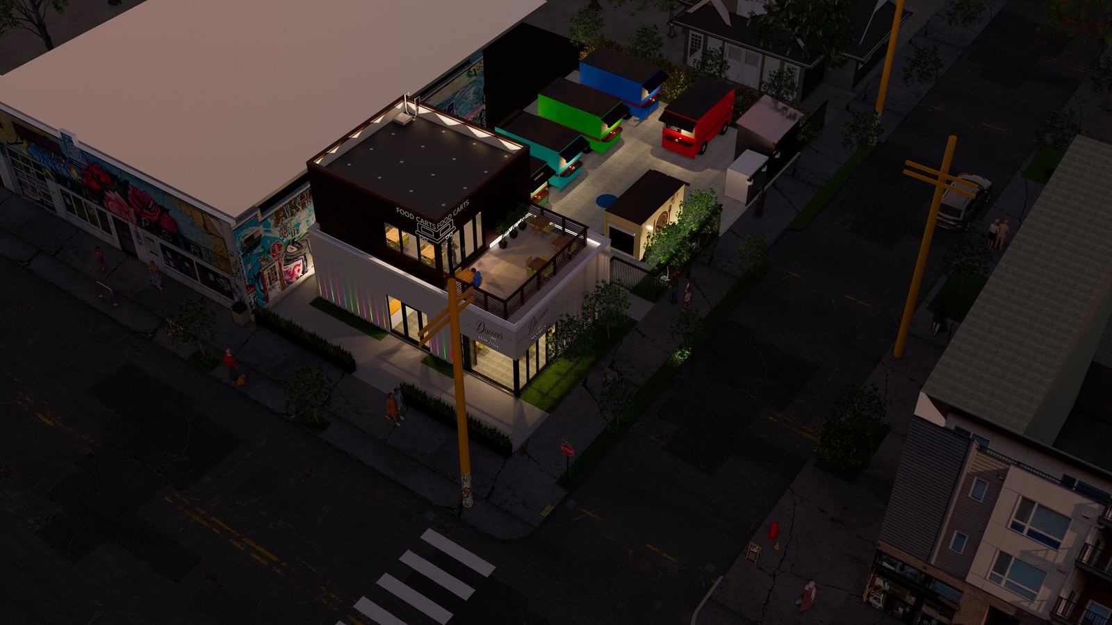 Aerial night rendering of the Discover PDX food cart pod, showing the building and six colored food cart structures illuminated behind it.