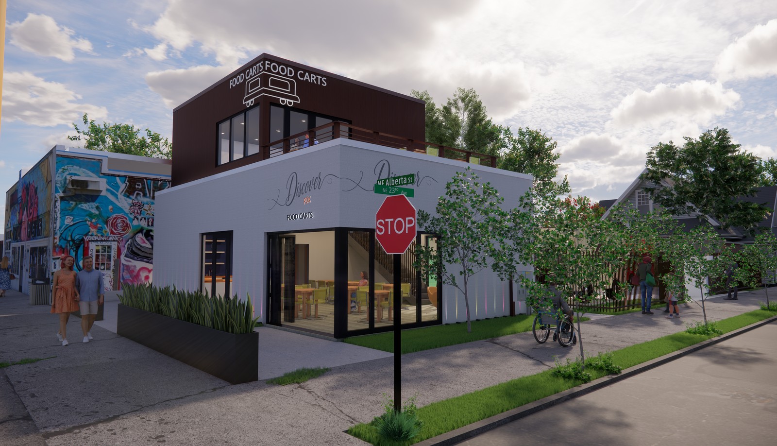 Rendered daytime corner view of the Discover PDX Food Carts building, a two-story white and dark-wood structure with a rooftop deck and street-level glazed seating area.