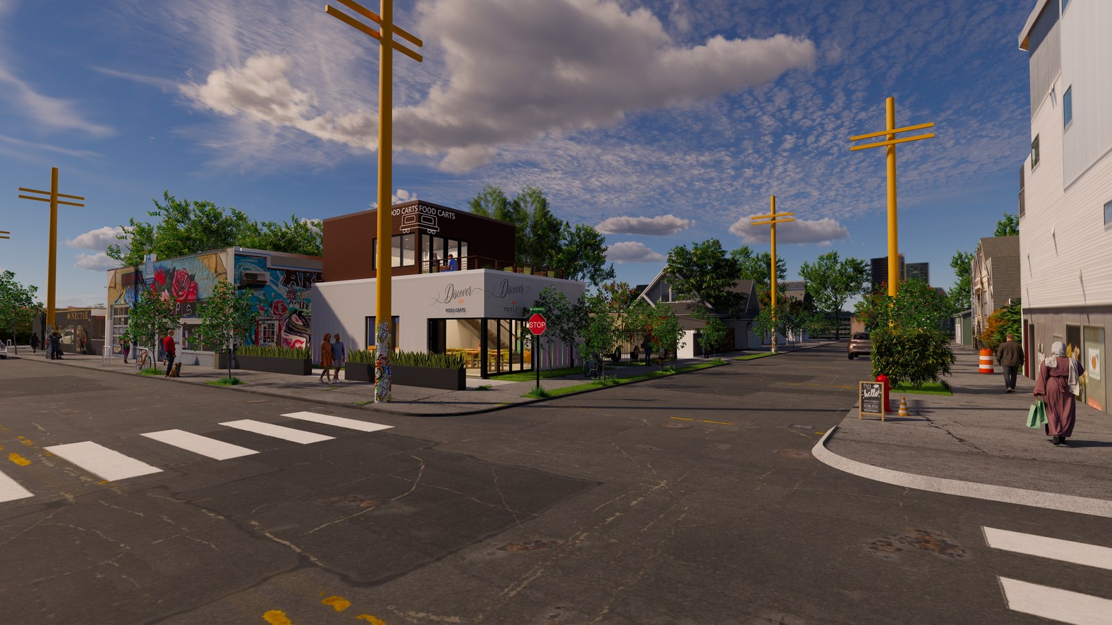 Wide daytime street view of the Discover PDX building at the intersection, showing the surrounding Alberta Street context.