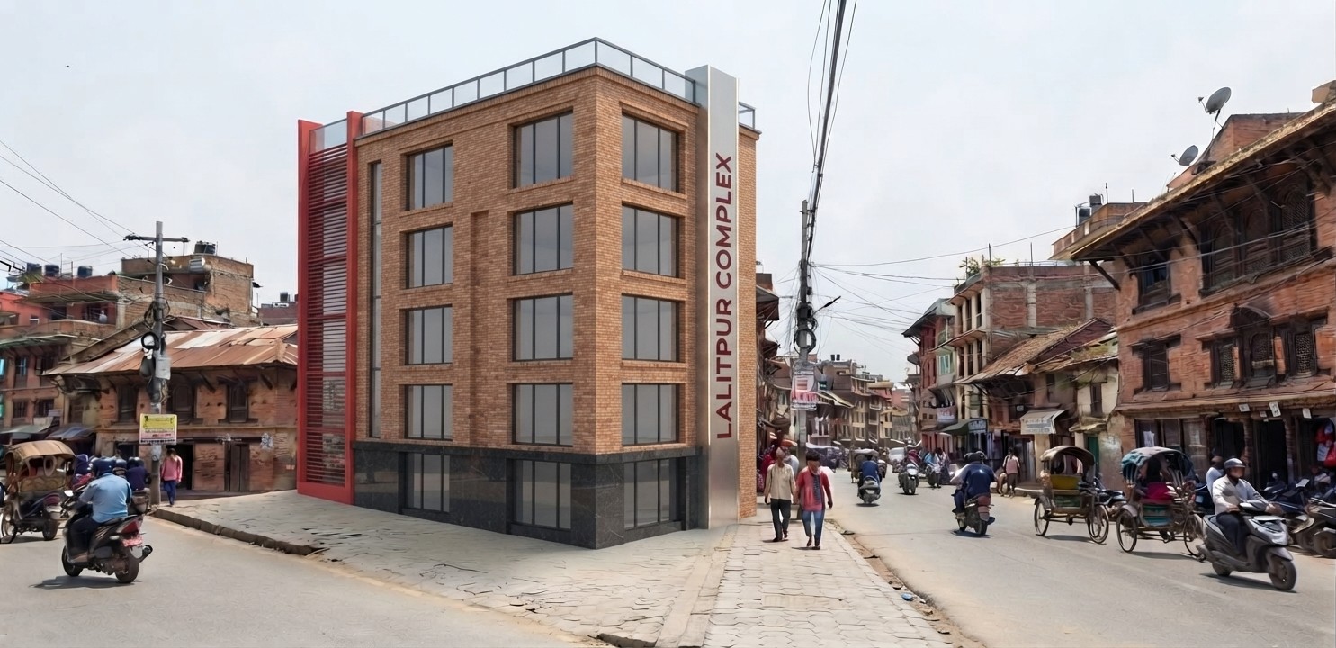 Rendered corner view of the Lalitpur Complex, a five-story brick commercial building with a red accent facade and ground-floor storefronts, located at a busy street corner in Pulchowk, Lalitpur.