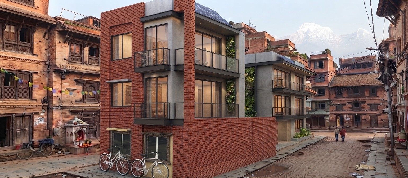 Rendered corner view of the Imadol Residence renovation, a three-story brick and concrete building with balconies and large glazed openings, set among traditional Newari-style buildings in Lalitpur, Nepal.